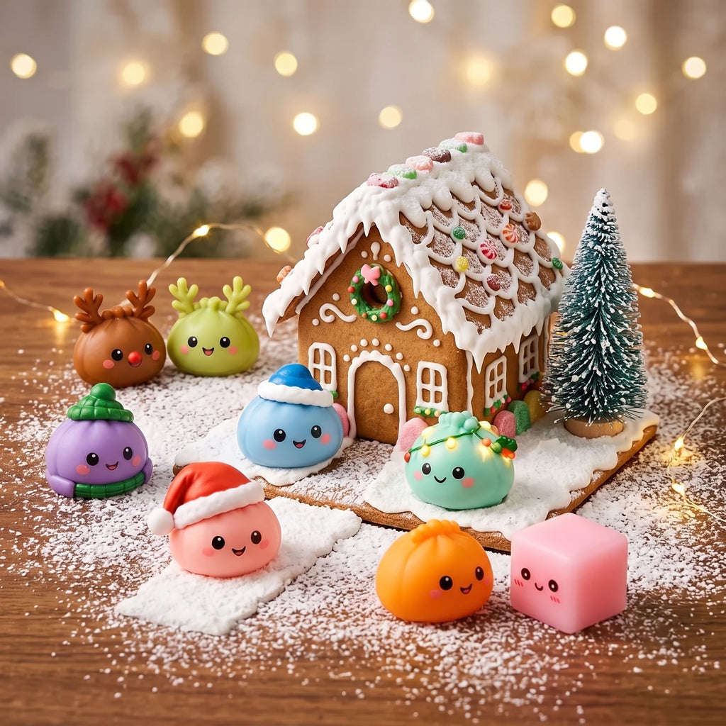 Mini mochi squishies from the Gingerbread Mochi Dumpling Squishy Advent Calendar 24 Pieces around a gingerbread house