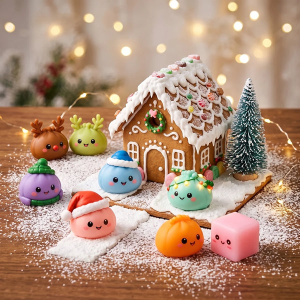 Mini mochi squishies from the Gingerbread Mochi Dumpling Squishy Advent Calendar 24 Pieces around a gingerbread house