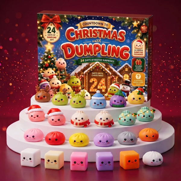 Gingerbread Mochi Dumpling Squishy Advent Calendar 24 Pieces with all 24 mini squishies on a festive podium