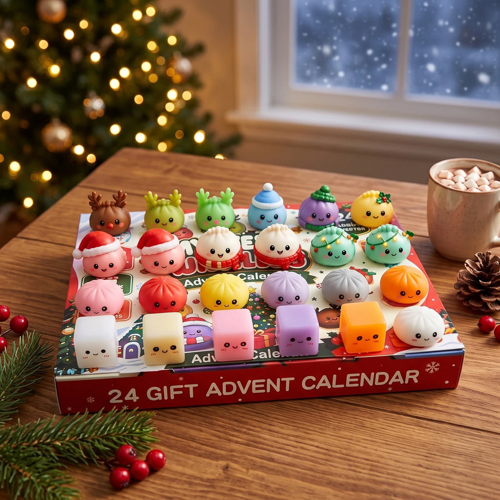 Mini mochi squishies from the Gingerbread Mochi Dumpling Squishy Advent Calendar 24 Pieces arranged on the calendar box