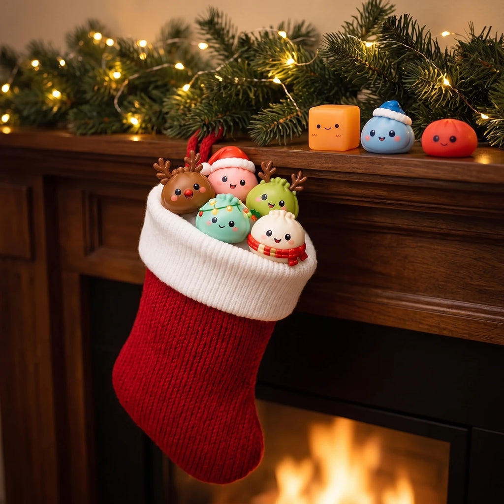 Mini squishies from the Gingerbread Mochi Dumpling Squishy Advent Calendar 24 Pieces peeking out of a Christmas stocking