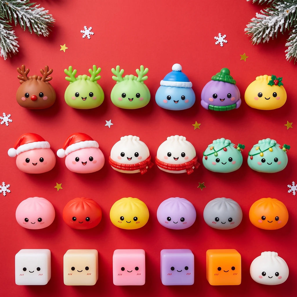 All 24 mini squishies of the Gingerbread Mochi Dumpling Squishy Advent Calendar 24 Pieces laid out on a red background