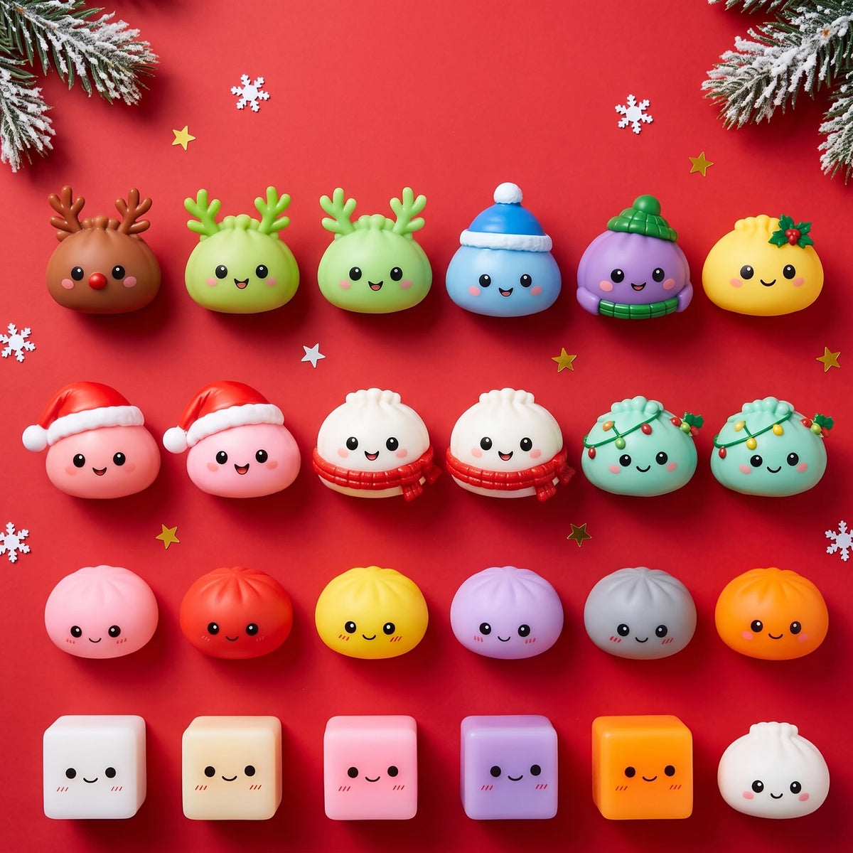 All 24 mini squishies of the Gingerbread Mochi Dumpling Squishy Advent Calendar 24 Pieces laid out on a red background