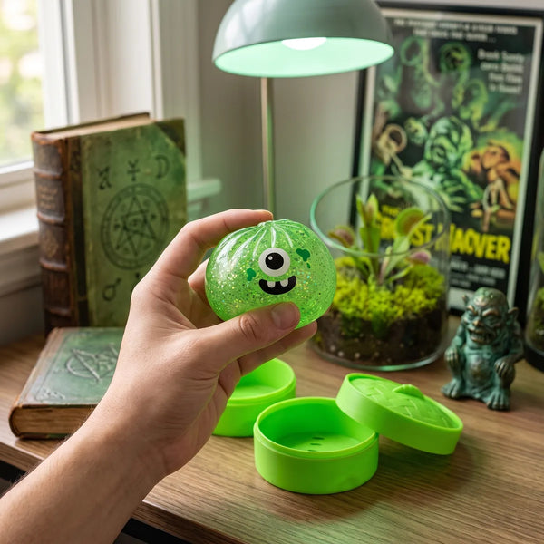 Person squeezing the monster Halloween dumpling squishy as a stress relief fidget toy