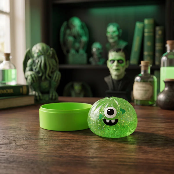 Monster Halloween dumpling squishy in a green misty haunted lifestyle scene with cobwebs