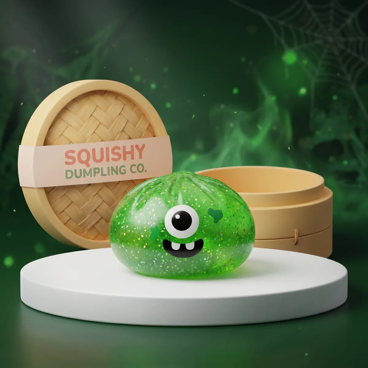 Green glitter monster Halloween dumpling squishy with one big eye and a toothy grin on a white podium Main image