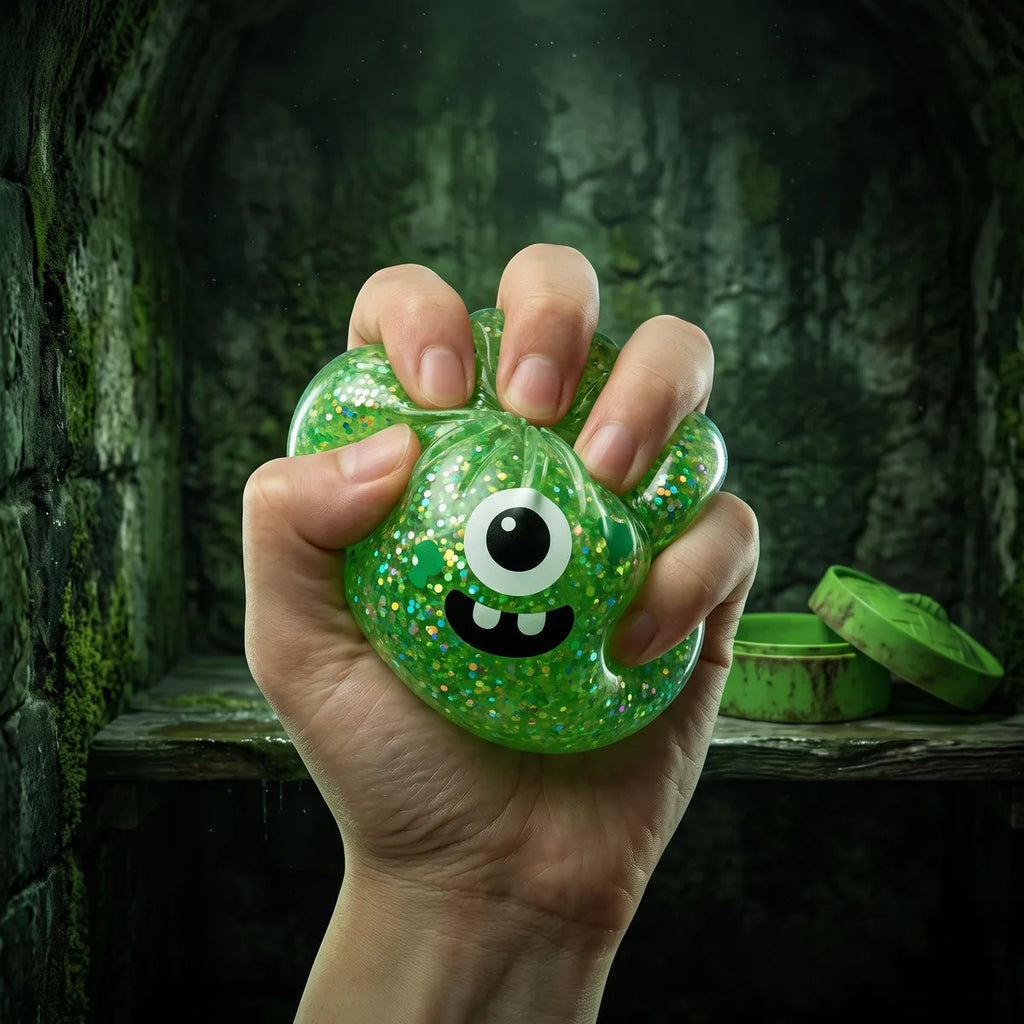 Monster Halloween dumpling squishy pressed flat to demonstrate its slow rising green glitter gel
