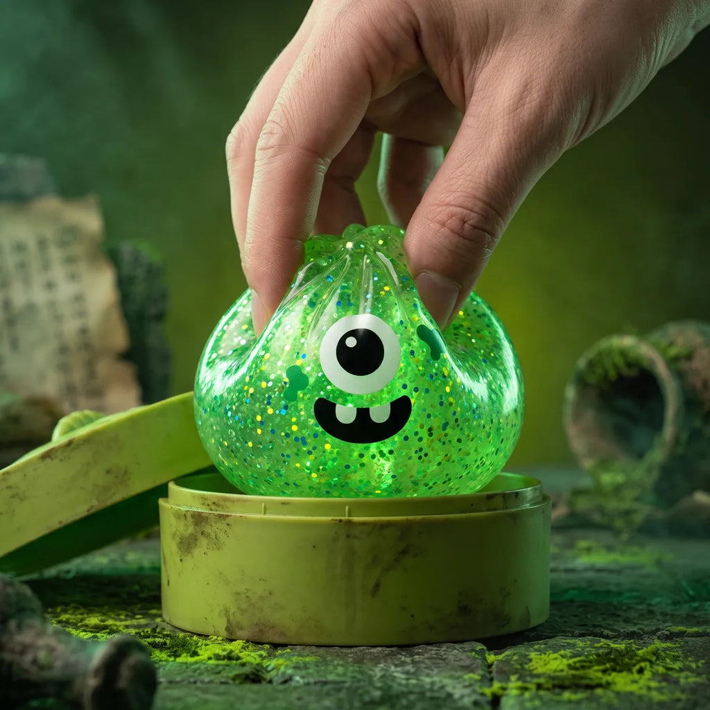 Close up squeeze showing the acid green glitter flakes inside the monster Halloween dumpling squishy