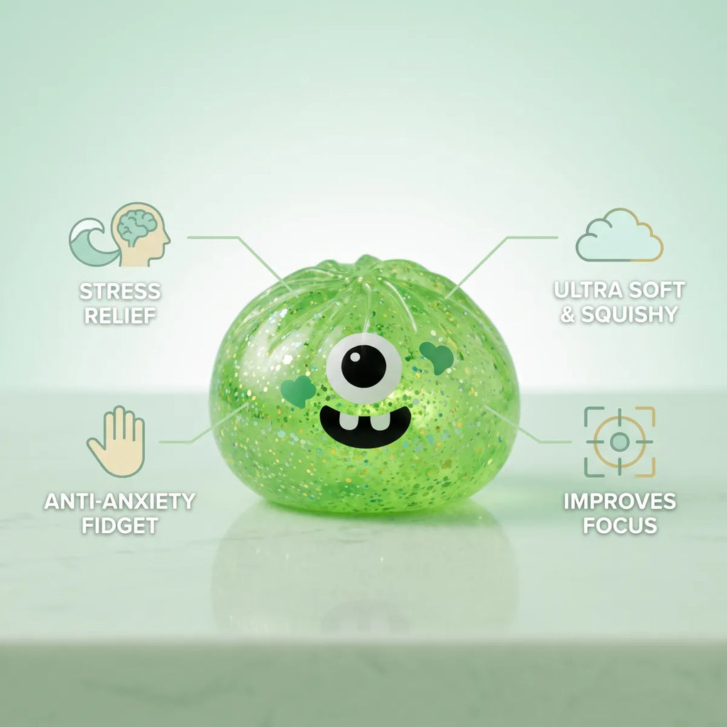 Monster Halloween dumpling squishy with stress relief focus and anti anxiety fidget benefit icons