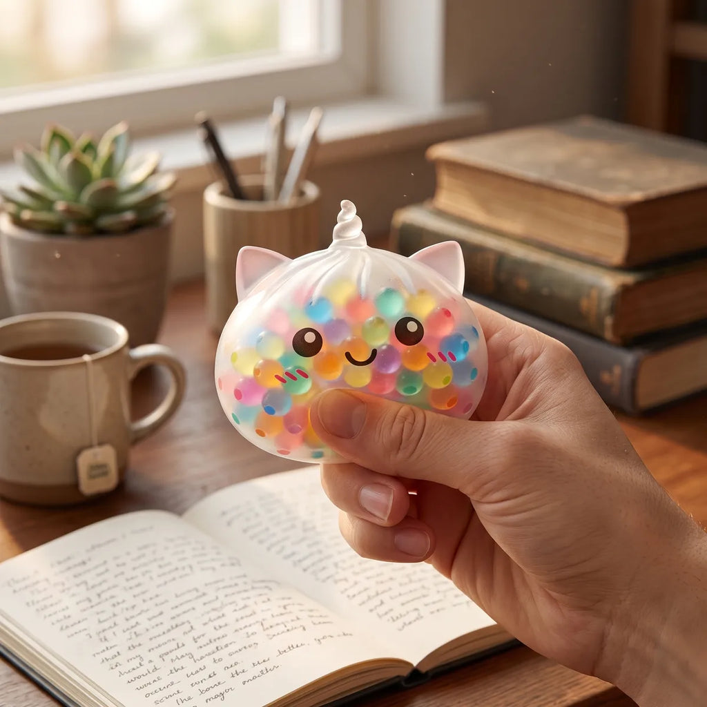 Person squeezing the multicolor unicorn bubble dumpling squishy as a hand fidget toy