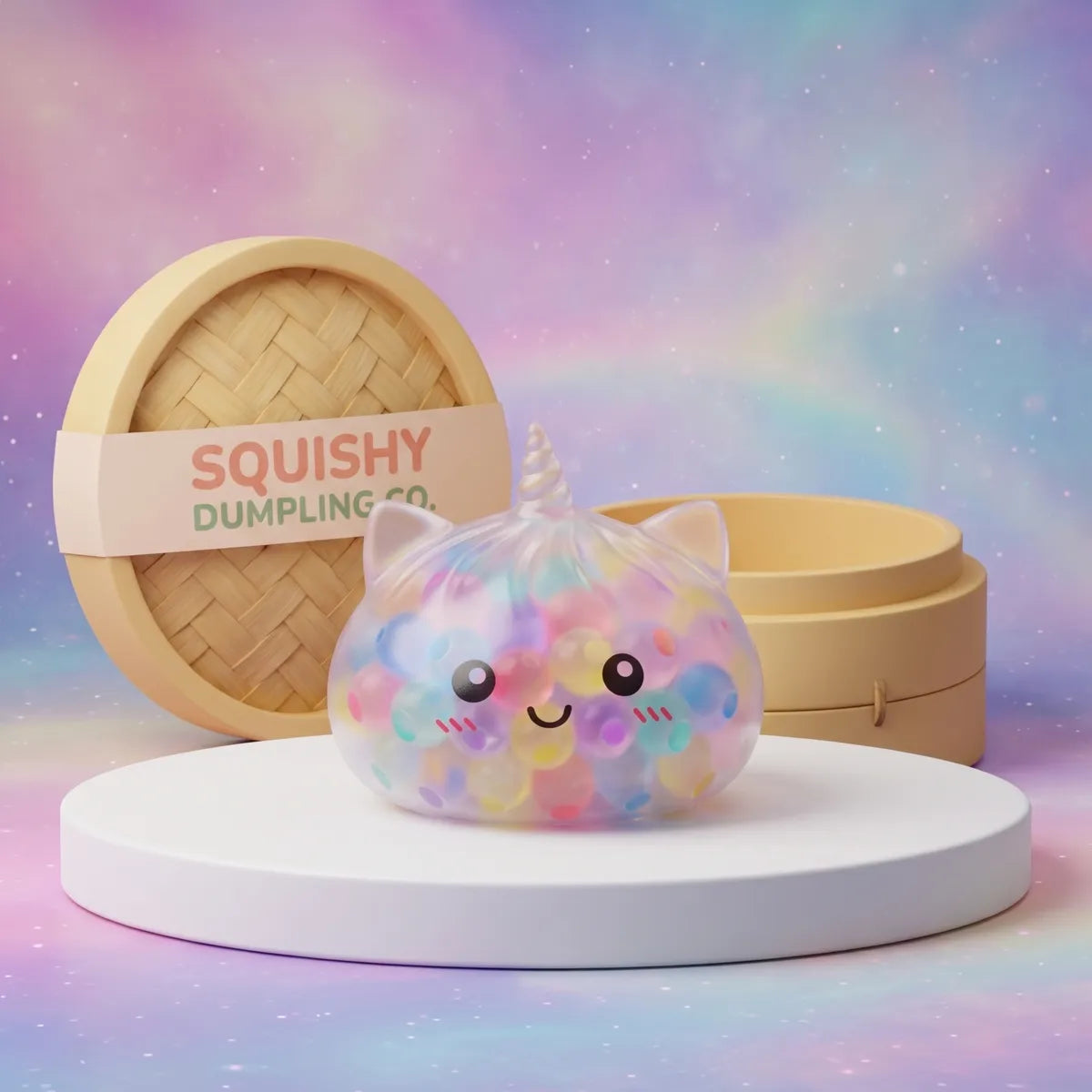 Multicolor unicorn bubble dumpling squishy with a clear shell full of rainbow beads beside a mini bamboo steamer Main image