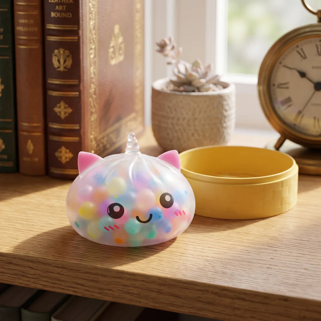 Multicolor unicorn bubble dumpling squishy styled in a pastel galaxy lifestyle scene