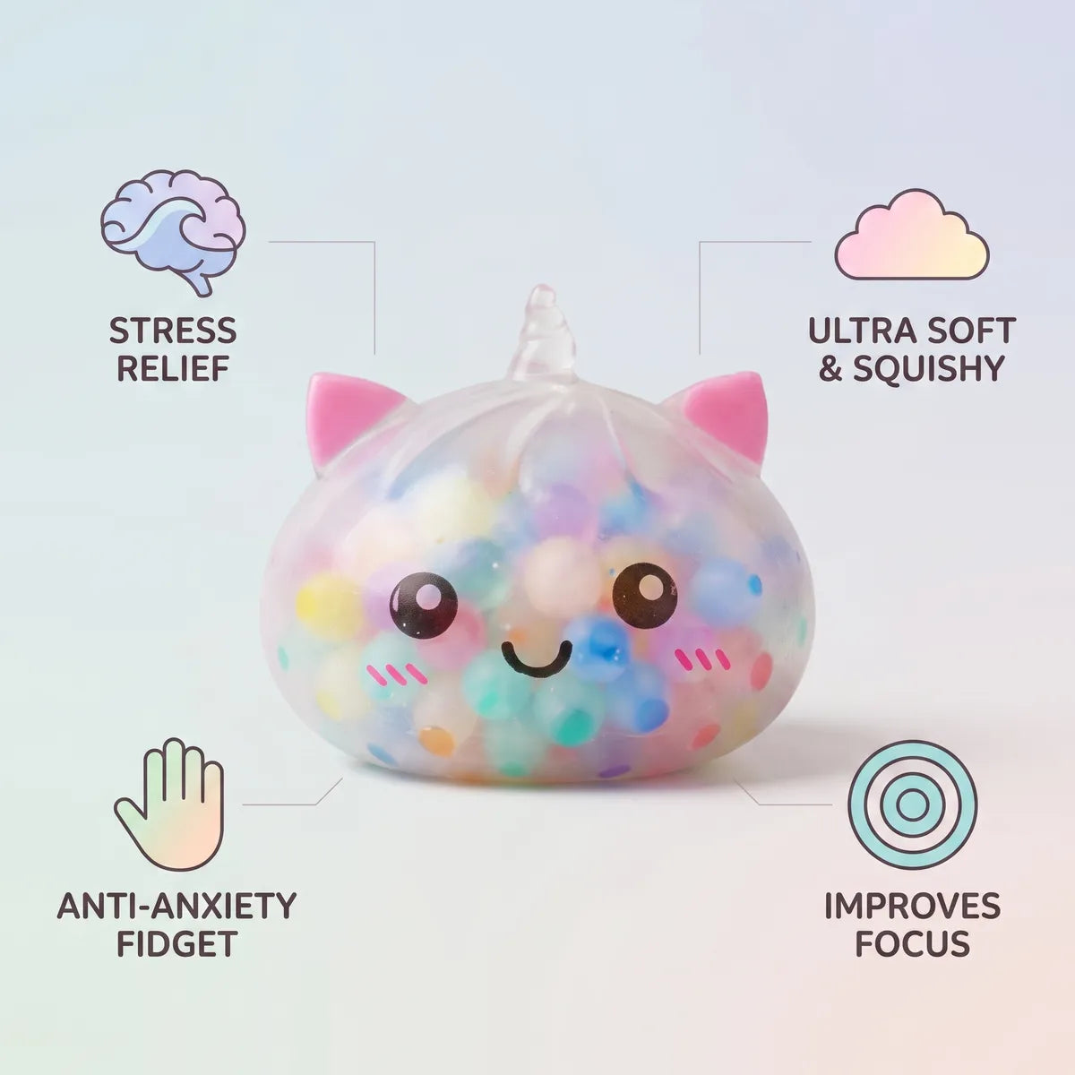 Multicolor unicorn bubble dumpling squishy with stress relief focus and anti anxiety fidget benefit icons