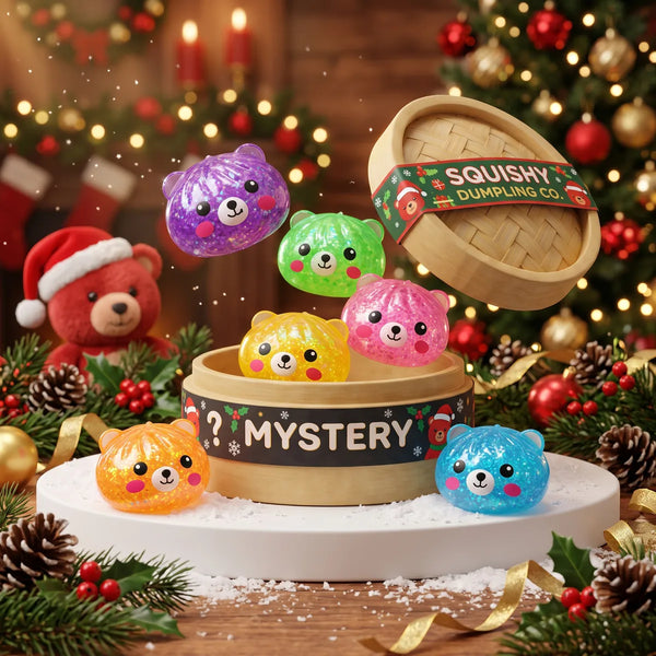 Jelly Mystery Bear Glitter Dumpling Squishy designs bursting from a mystery steamer box