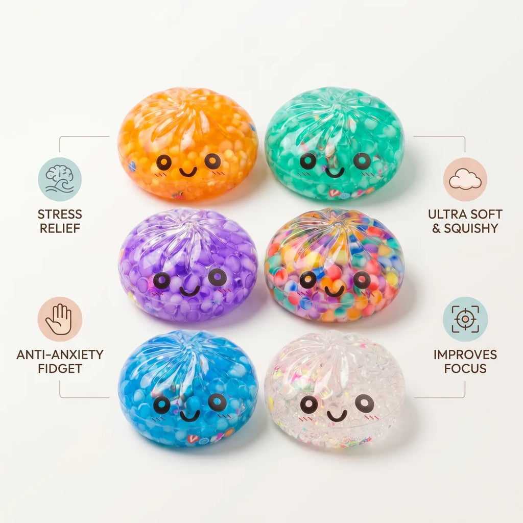 Mystery bubble dumpling squishy size guide infographic with dimensions