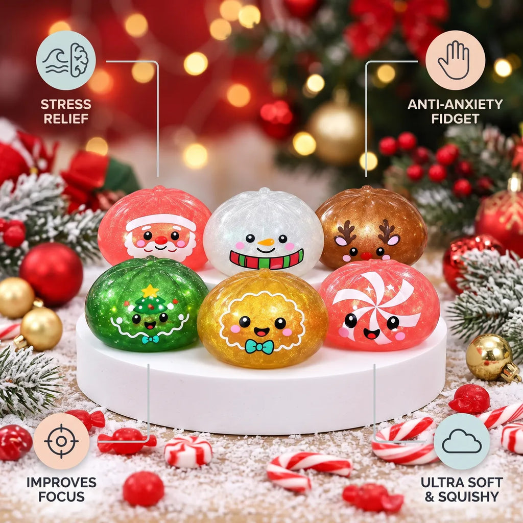 Sweet Mystery Candy Christmas Dumpling Squishy infographic: stress relief, ultra soft and squishy, anti-anxiety fidget, improves focus