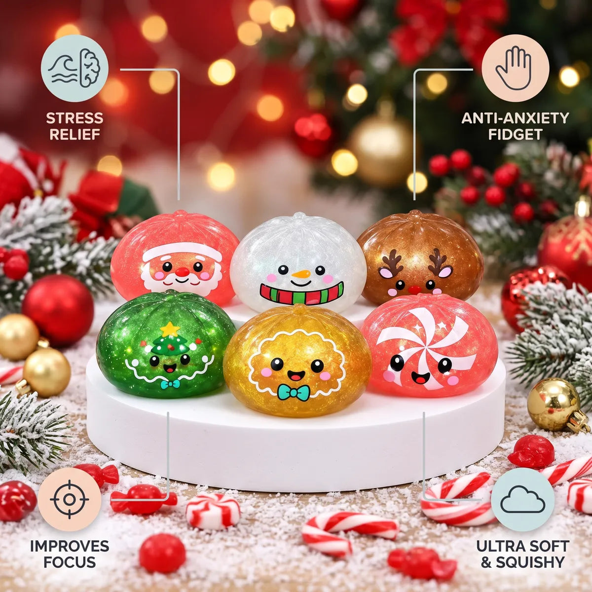 Sweet Mystery Candy Christmas Dumpling Squishy infographic: stress relief, ultra soft and squishy, anti-anxiety fidget, improves focus