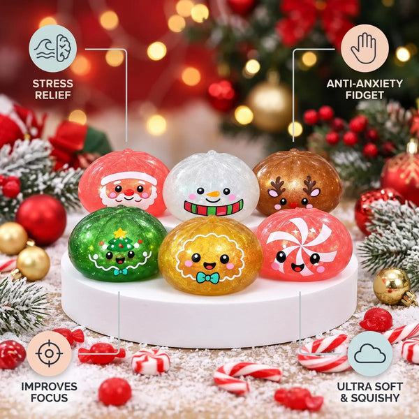 Sweet Mystery Candy Christmas Dumpling Squishy infographic: stress relief, ultra soft and squishy, anti-anxiety fidget, improves focus