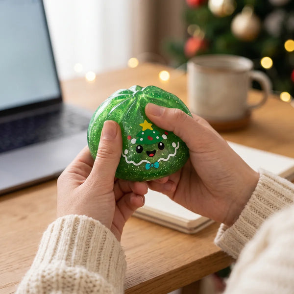 Person squeezing the Sweet Mystery Candy Christmas Dumpling Squishy as a fidget toy at a desk with a laptop