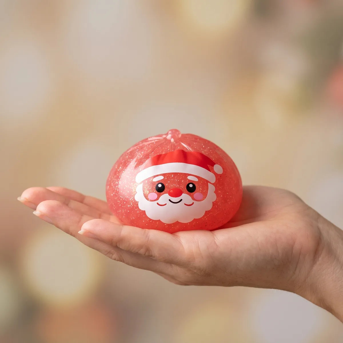 Sweet Mystery Candy Christmas Dumpling Squishy resting on an open palm to show its real size