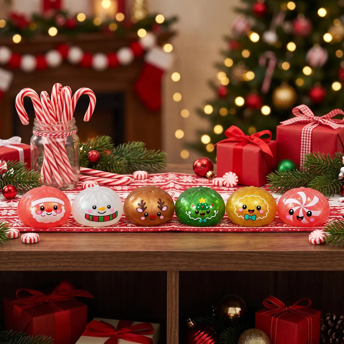 Sweet Mystery Candy Christmas Dumpling Squishy displayed lined up with candy canes on a festive table