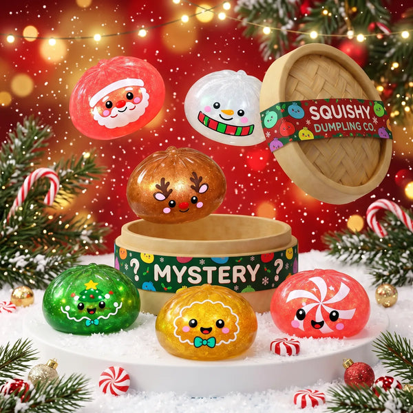 Sweet Mystery Candy Christmas Dumpling Squishy designs bursting from a mystery steamer box
