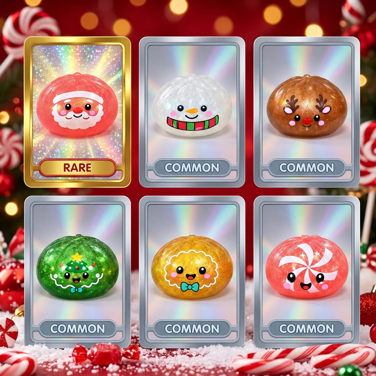 Sweet Mystery Candy Christmas Dumpling Squishy collector cards showing every design and the rare pull