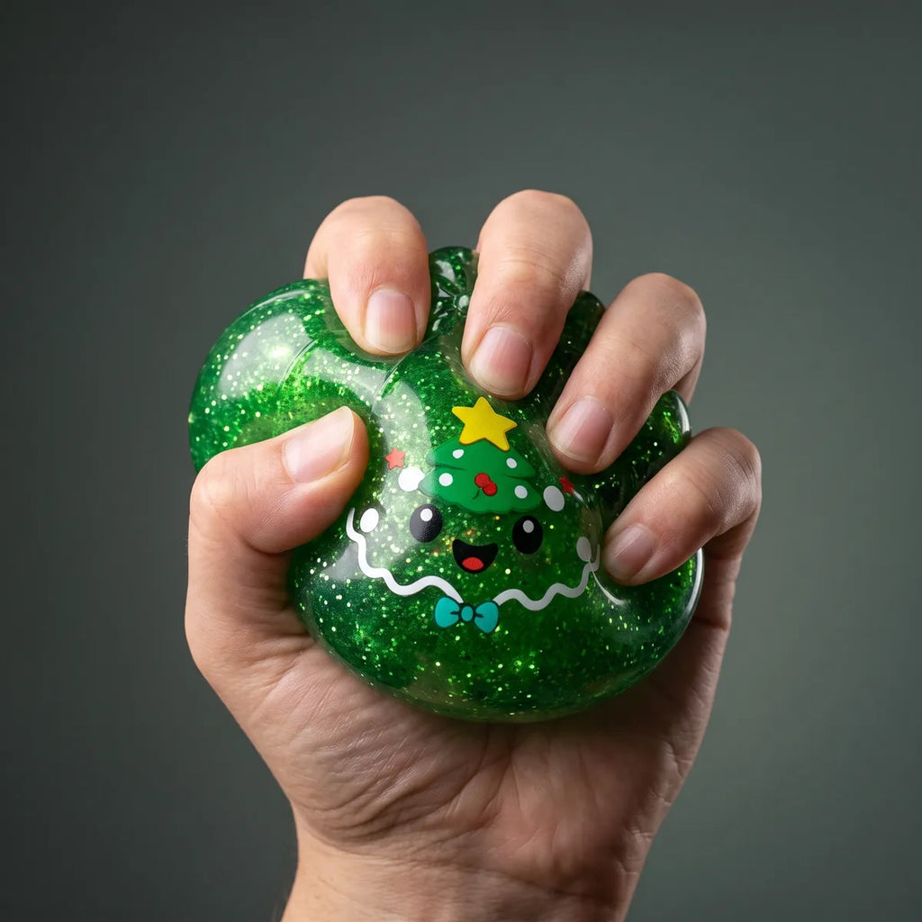 Hand squeezing the Sweet Mystery Candy Christmas Dumpling Squishy so the glitter swirls inside