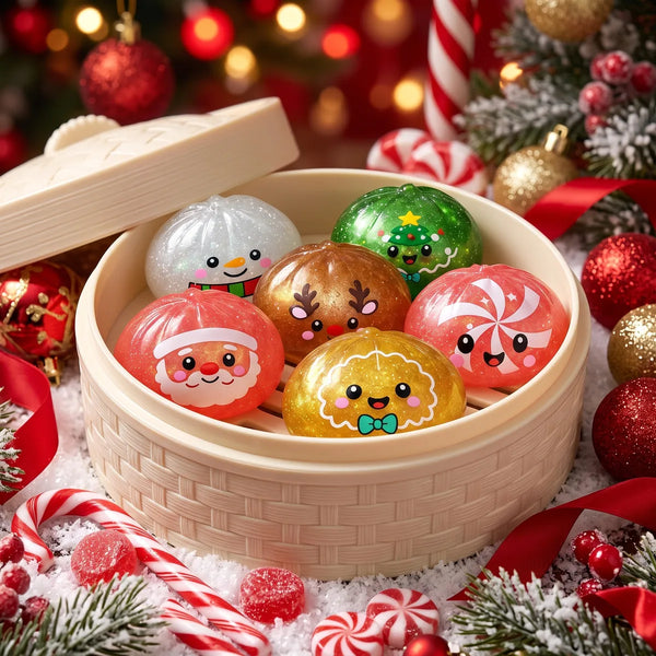 Several Sweet Mystery Candy Christmas Dumpling Squishy pieces inside a round steamer basket