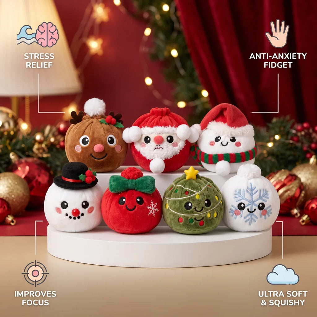 Holiday Mystery Christmas Dumpling Squishy Plush infographic: stress relief, ultra soft and squishy, anti-anxiety fidget, improves focus