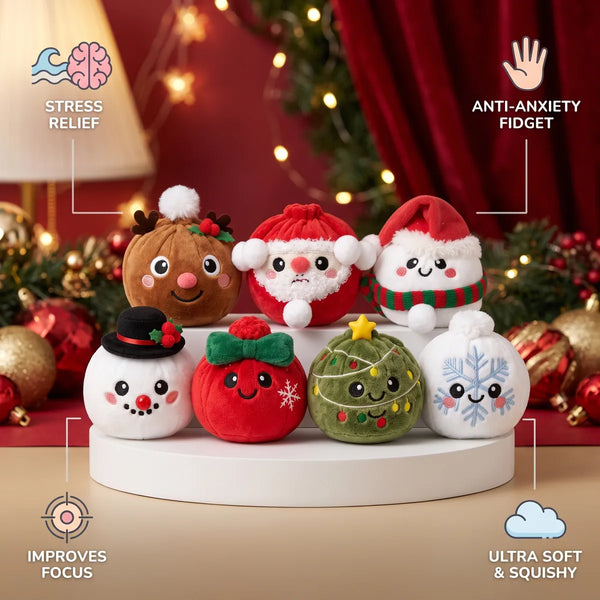 Holiday Mystery Christmas Dumpling Squishy Plush infographic: stress relief, ultra soft and squishy, anti-anxiety fidget, improves focus