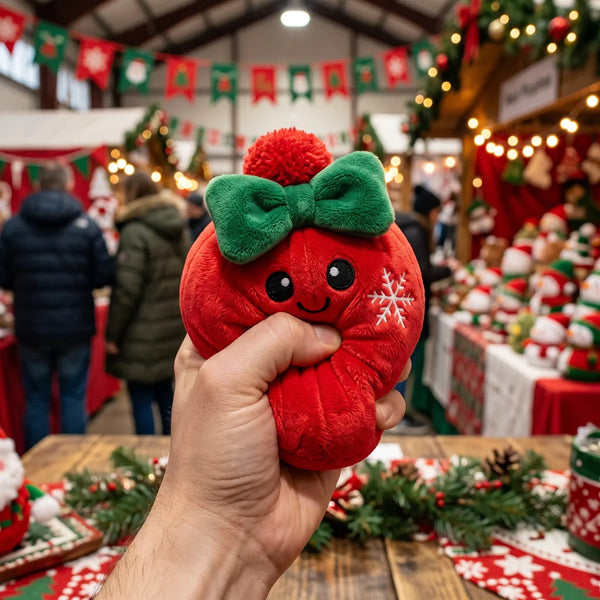 Person squeezing the Holiday Mystery Christmas Dumpling Squishy Plush as a fidget toy at a Christmas market