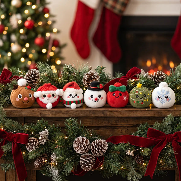 All seven Holiday Mystery Christmas Dumpling Squishy Plush designs lined up on a Christmas mantel