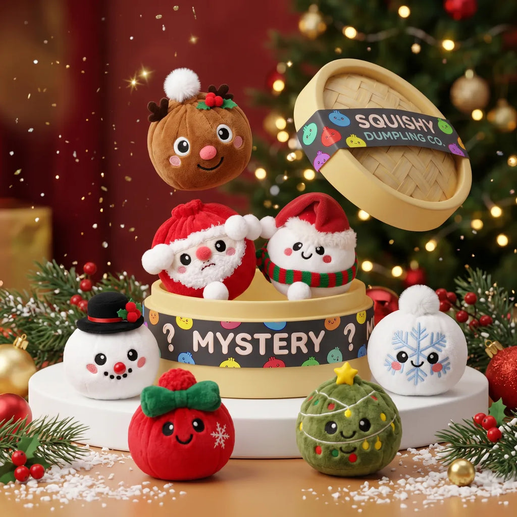 Holiday Mystery Christmas Dumpling Squishy Plush designs bursting from a mystery steamer box