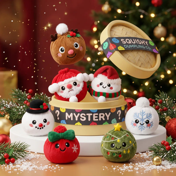 Holiday Mystery Christmas Dumpling Squishy Plush designs bursting from a mystery steamer box