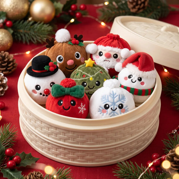 Several Holiday Mystery Christmas Dumpling Squishy Plush pieces inside a round steamer basket