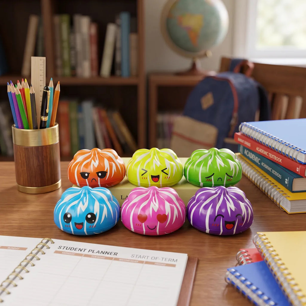 Mystery cute dumpling squishies displayed together in a back to school scene