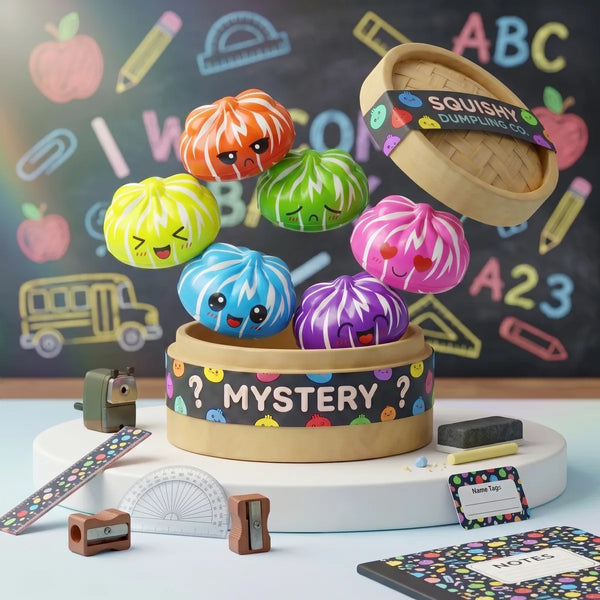 Happy faces mystery cute dumpling squishies rising from a Mystery steamer box in a classroom
