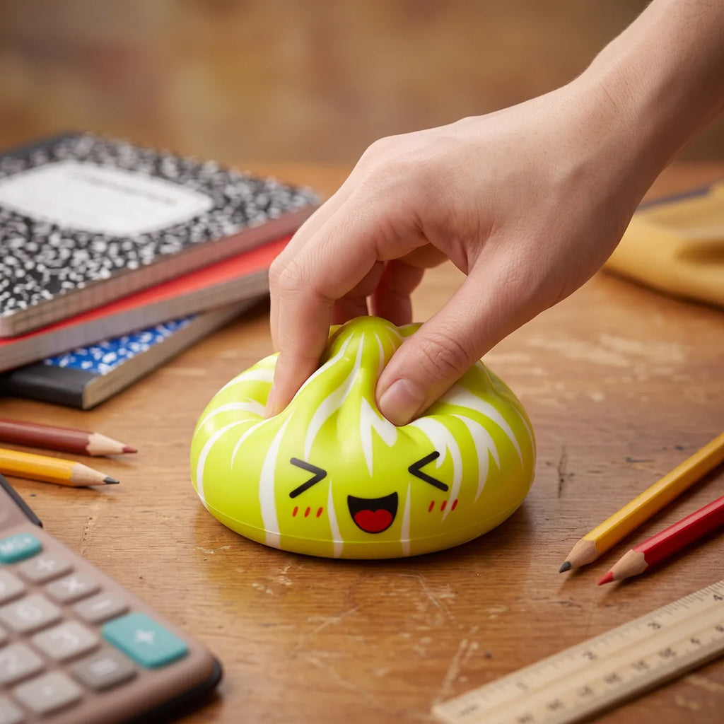 Hand squeezing a mystery cute dumpling squishy to show its slow rise