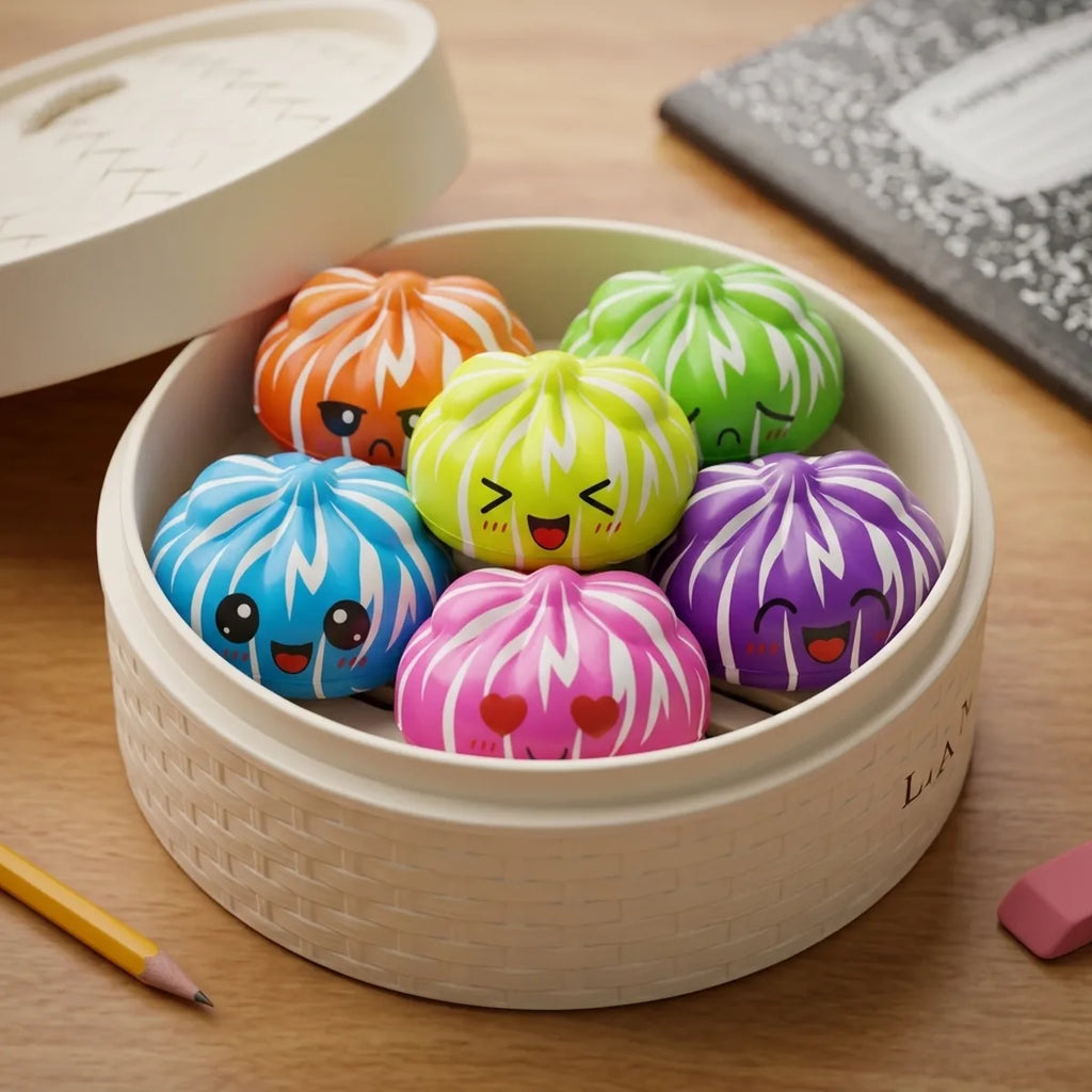 Mystery cute dumpling squishies packed inside the Mystery steamer box