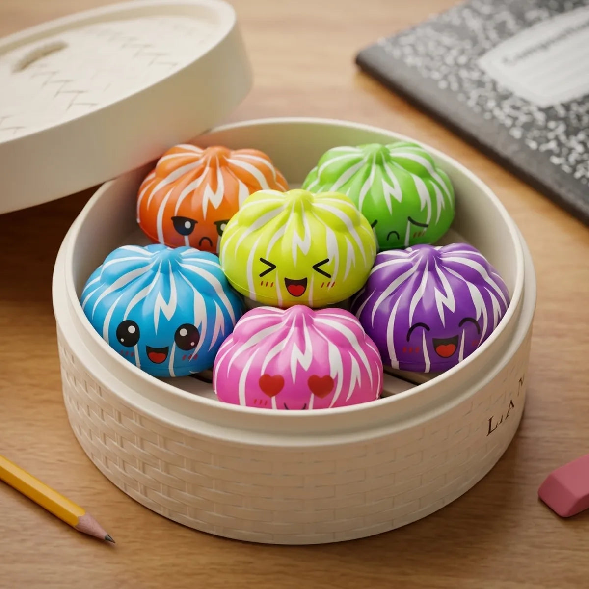 Mystery cute dumpling squishies packed inside the Mystery steamer box