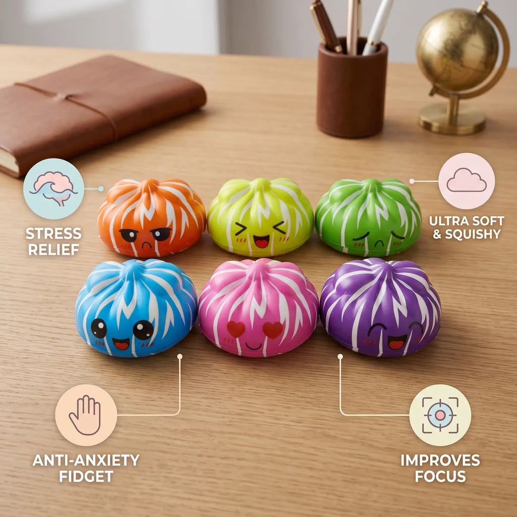 Infographic listing the stress relief benefits of the mystery cute dumpling squishy