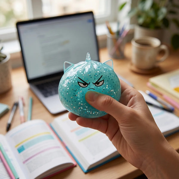 Unicorn glitter mystery dumpling squishy styled as cute desk decor
