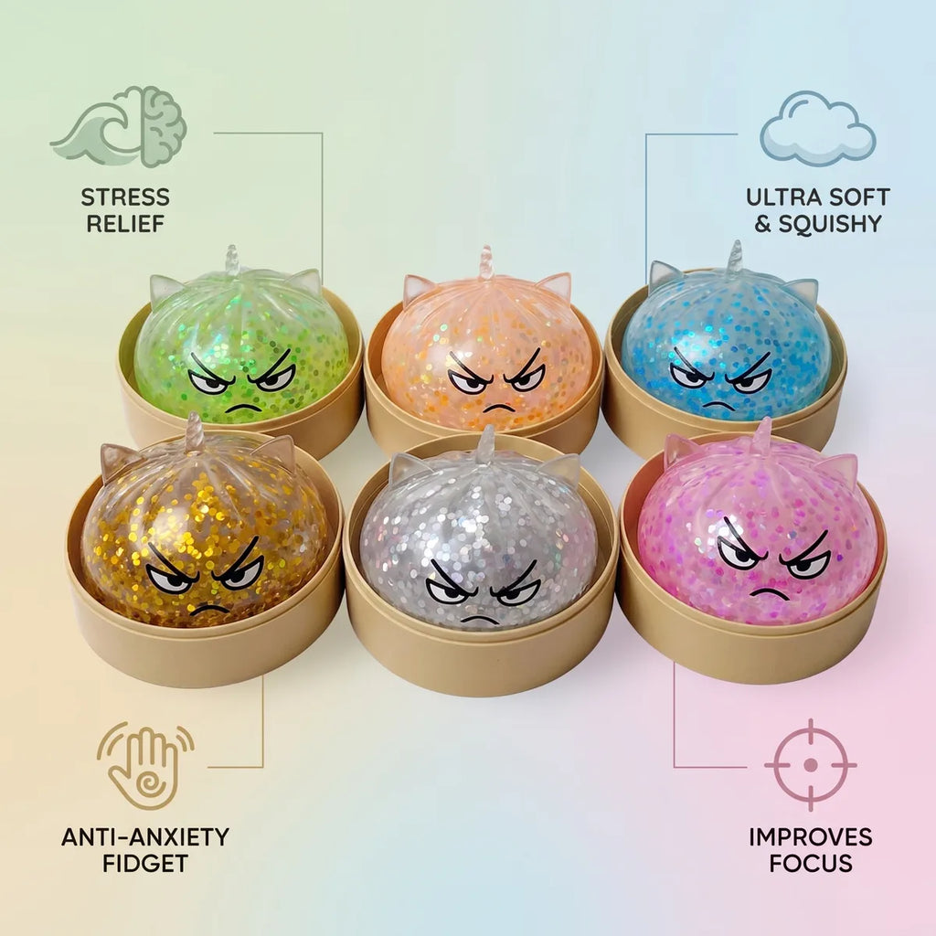 Unicorn glitter mystery dumpling squishy size guide infographic with dimensions