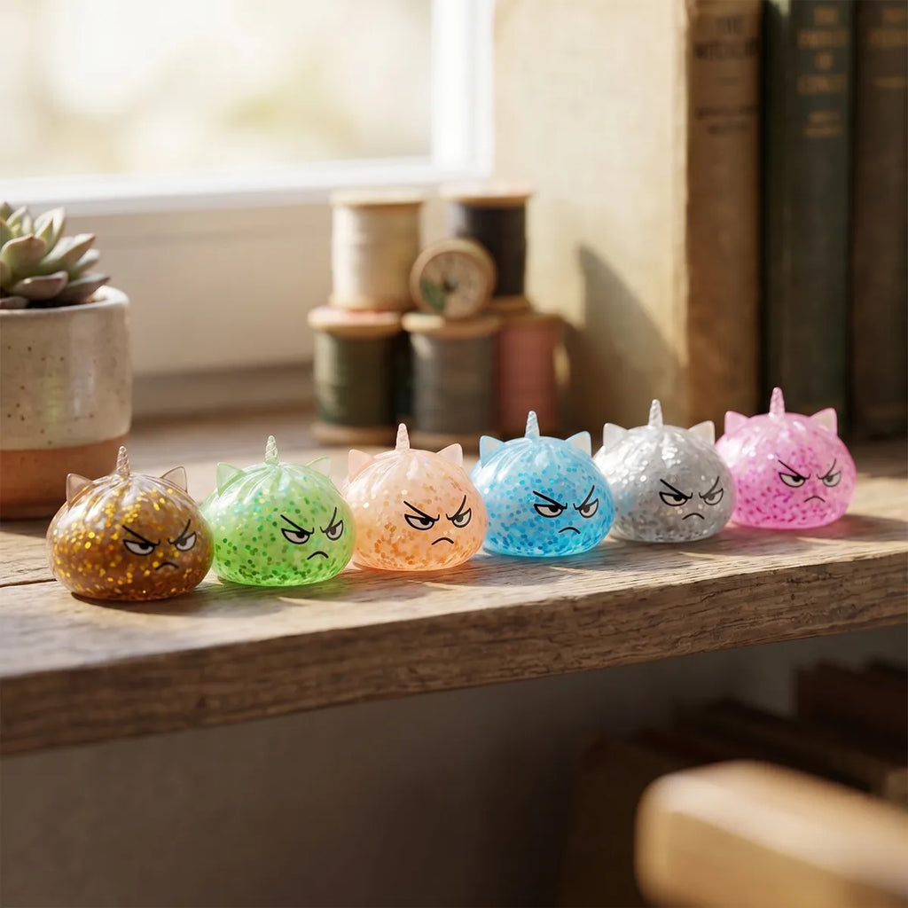 Unicorn glitter mystery dumpling squishy displayed with bamboo steamer