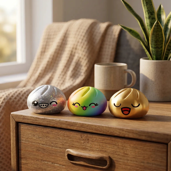 Rare mystery dumpling squishy displayed with bamboo steamer
