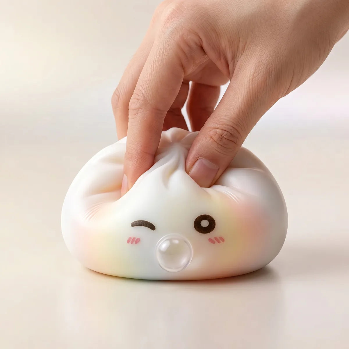 Hands playing with the mystery dumpling squishy toys