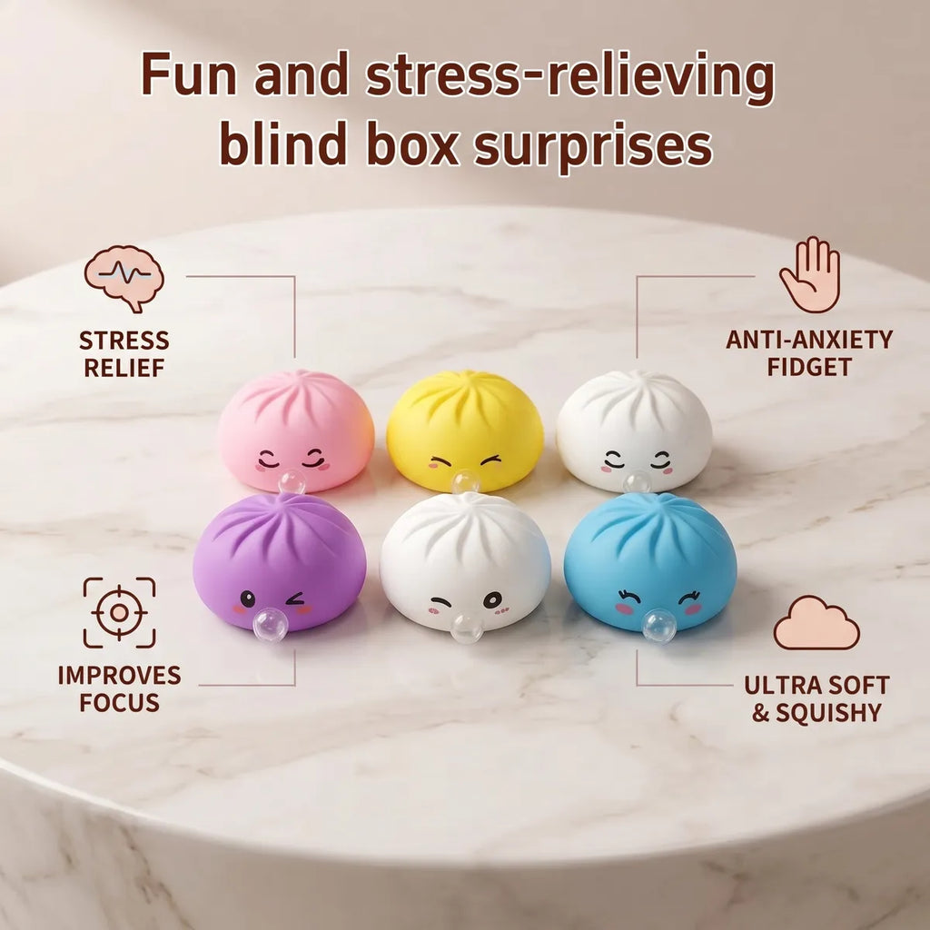 Mystery dumpling squishy toys size guide infographic with dimensions