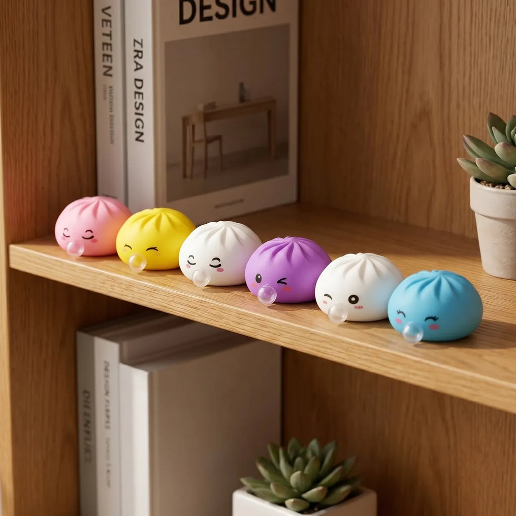 Mystery dumpling squishy toys displayed with bamboo steamer