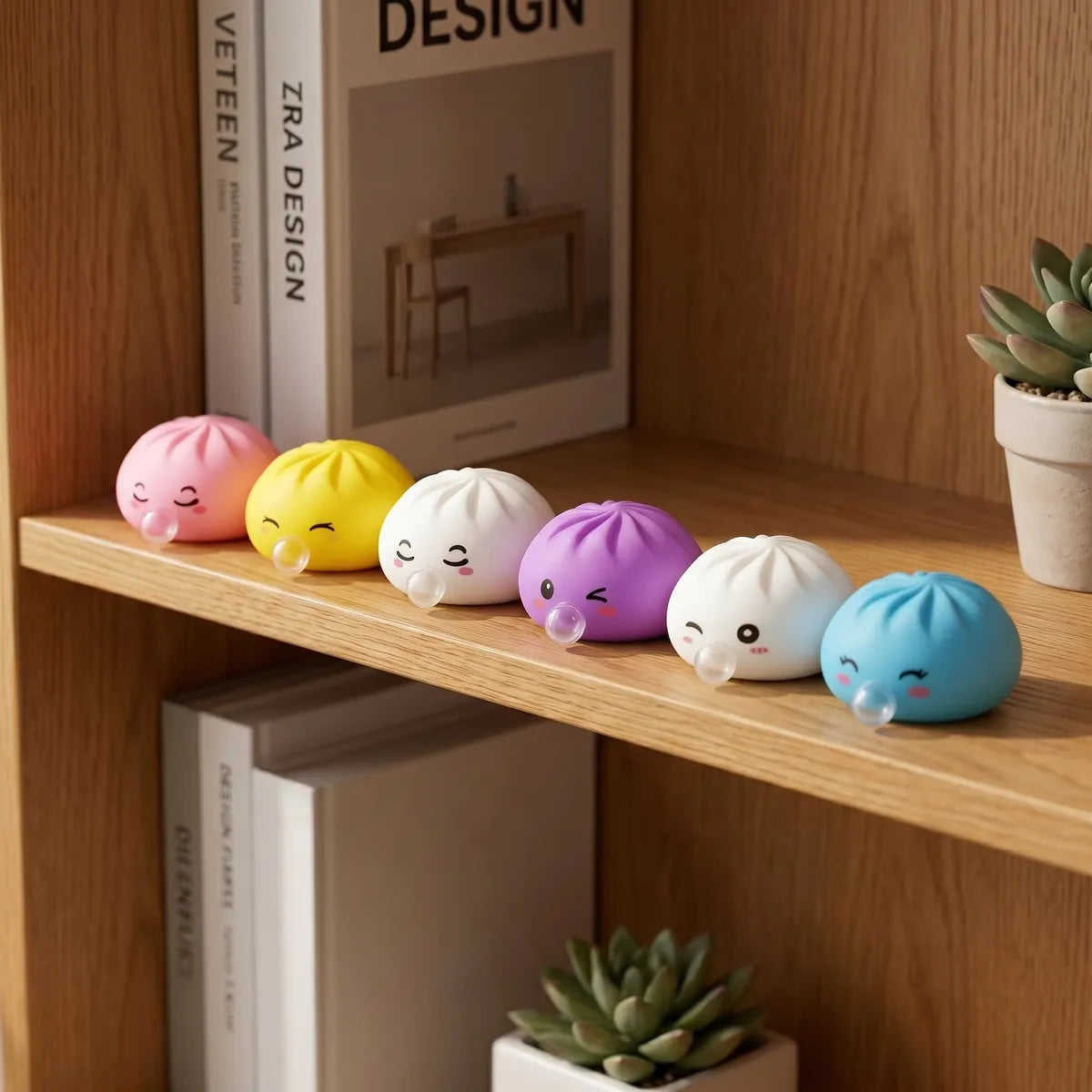 Mystery dumpling squishy toys displayed with bamboo steamer